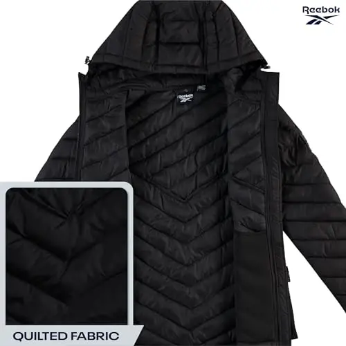 Reebok Womens Puffer Jacket - Midweight Quilted Puffer Jacket with Hood | Sleek Silhouette Layers Over Jeans or Leggings, Wind-Resistant Shell for Commutes and Weekend Hikes - 4