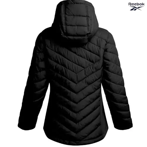 Reebok Womens Puffer Jacket - Midweight Quilted Puffer Jacket with Hood | Sleek Silhouette Layers Over Jeans or Leggings, Wind-Resistant Shell for Commutes and Weekend Hikes - 6