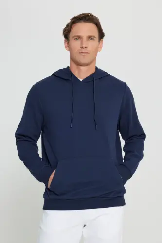 Erkek Lacivert Standart Fit Normal Kesim Kapüşonlu Dokulu Cepli Sweatshirt - Lacivert - 4