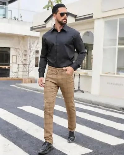 TENGINE Plaid Pants for Men, Mens Skinny Stretch Slim fit Chinos Golf Business Dress Casual Pants - 3