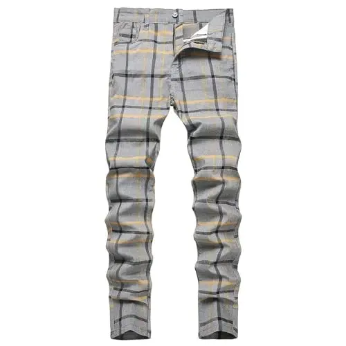 TENGINE Plaid Pants for Men, Mens Skinny Stretch Slim fit Chinos Golf Business Dress Casual Pants 