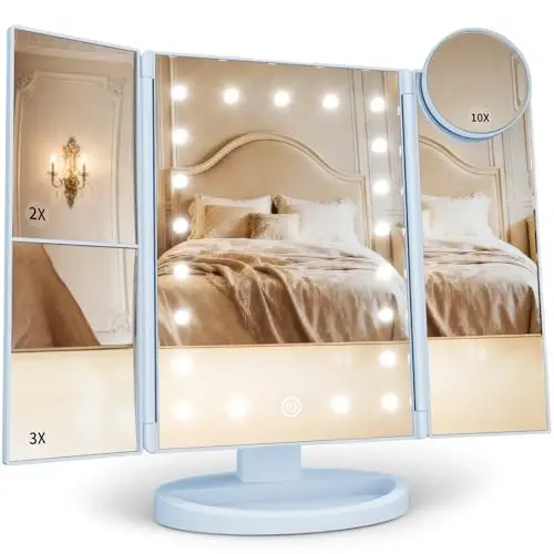 HUONUL 2X/3X/10X Magnifying Vanity Mirror with Light, Trifold Makeup Mirror | Touch Dimming, Dual Power, Clear View for Makeup, Skincare. Dorm Room Essentials. Birthday Gifts for Women, Mom, Wife, Girls - 1