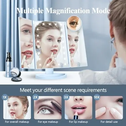 HUONUL 2X/3X/10X Magnifying Vanity Mirror with Light, Trifold Makeup Mirror | Touch Dimming, Dual Power, Clear View for Makeup, Skincare. Dorm Room Essentials. Birthday Gifts for Women, Mom, Wife, Girls - 2