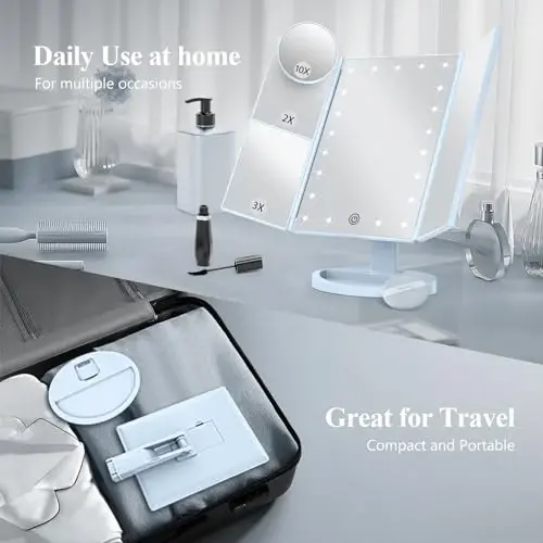 HUONUL 2X/3X/10X Magnifying Vanity Mirror with Light, Trifold Makeup Mirror | Touch Dimming, Dual Power, Clear View for Makeup, Skincare. Dorm Room Essentials. Birthday Gifts for Women, Mom, Wife, Girls - 4