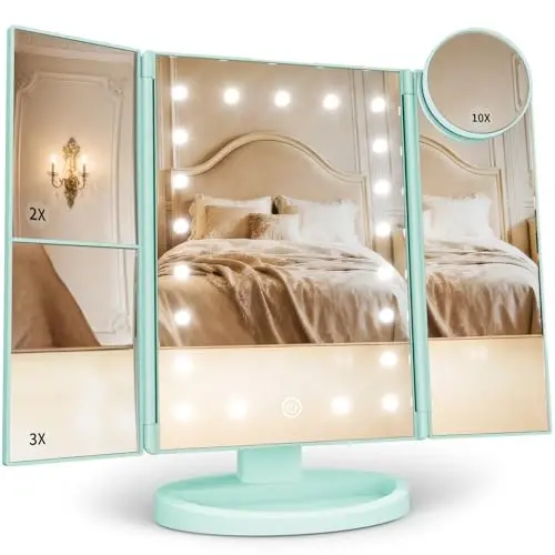 HUONUL Makeup Mirror, Vanity Mirror with Lights, 2X/3X/10X Magnification, Touch Control, Trifold Mirror, Dual Power Supply, Valentines Day, Gifts for Women, Wife, Mom, Teengirls 