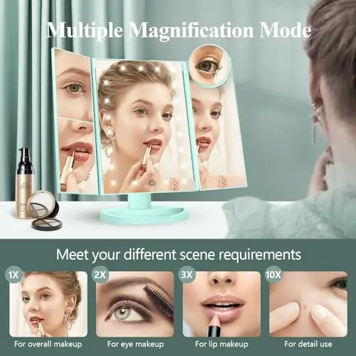 HUONUL Makeup Mirror, Vanity Mirror with Lights, 2X/3X/10X Magnification, Touch Control, Trifold Mirror, Dual Power Supply, Valentines Day, Gifts for Women, Wife, Mom, Teengirls - 2