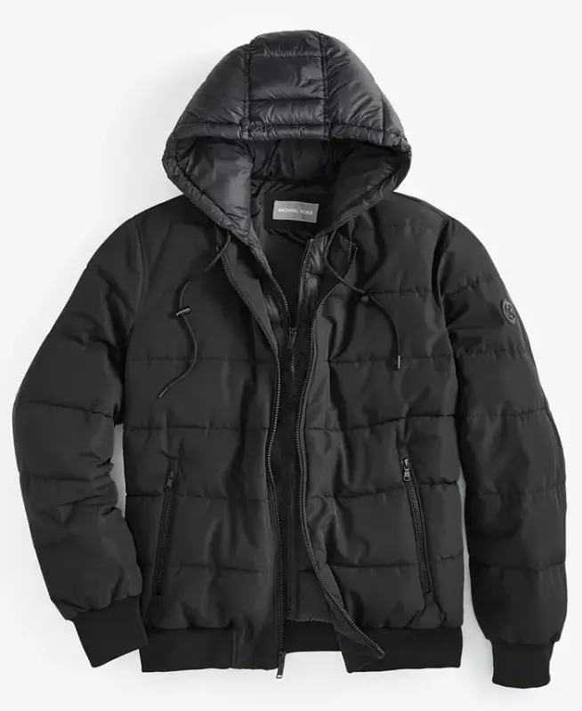 Men's Hooded Puffer Bomber Jacket - Black - 5