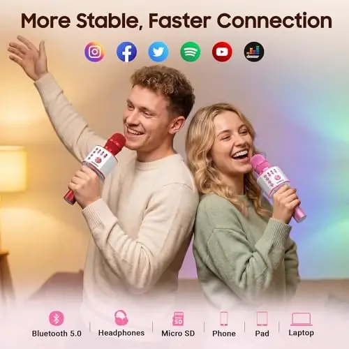 BONAOK Wireless Bluetooth Karaoke Microphone,3-in-1 Portable Handheld Karaoke Mic Speaker Machine Home Party Birthday for All Smartphones PC（Light Pink） - 3