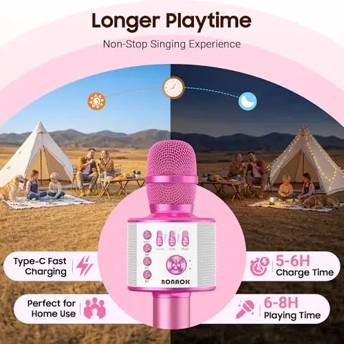 BONAOK Wireless Bluetooth Karaoke Microphone,3-in-1 Portable Handheld Karaoke Mic Speaker Machine Home Party Birthday for All Smartphones PC（Light Pink） - 4
