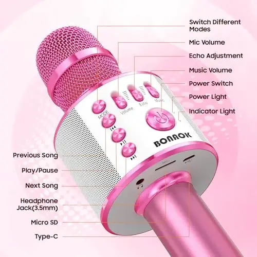 BONAOK Wireless Bluetooth Karaoke Microphone,3-in-1 Portable Handheld Karaoke Mic Speaker Machine Home Party Birthday for All Smartphones PC（Light Pink） - 5