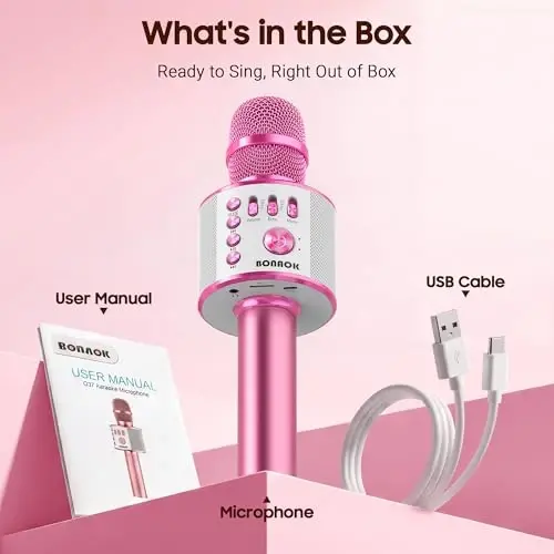 BONAOK Wireless Bluetooth Karaoke Microphone,3-in-1 Portable Handheld Karaoke Mic Speaker Machine Home Party Birthday for All Smartphones PC（Light Pink） - 6