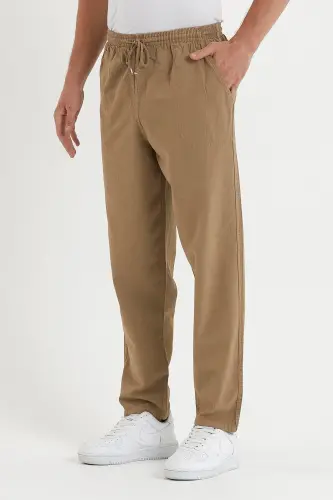Erkek Taş Rengi Regular Keten Pantolon - TAŞ - 2