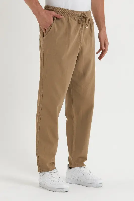 Erkek Taş Rengi Regular Keten Pantolon - TAŞ - 3