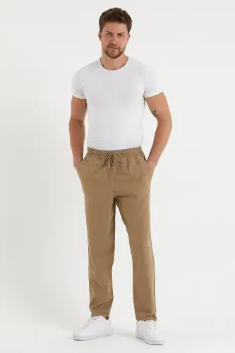 Erkek Taş Rengi Regular Keten Pantolon - TAŞ - 5