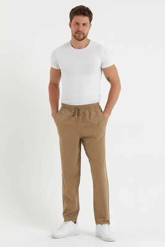 Erkek Taş Rengi Regular Keten Pantolon - TAŞ - 5