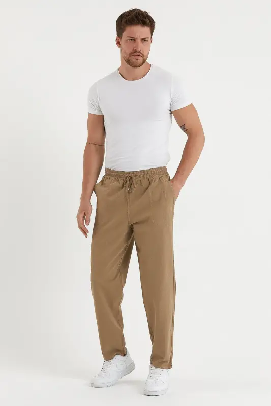 Erkek Taş Rengi Regular Keten Pantolon - TAŞ - 6