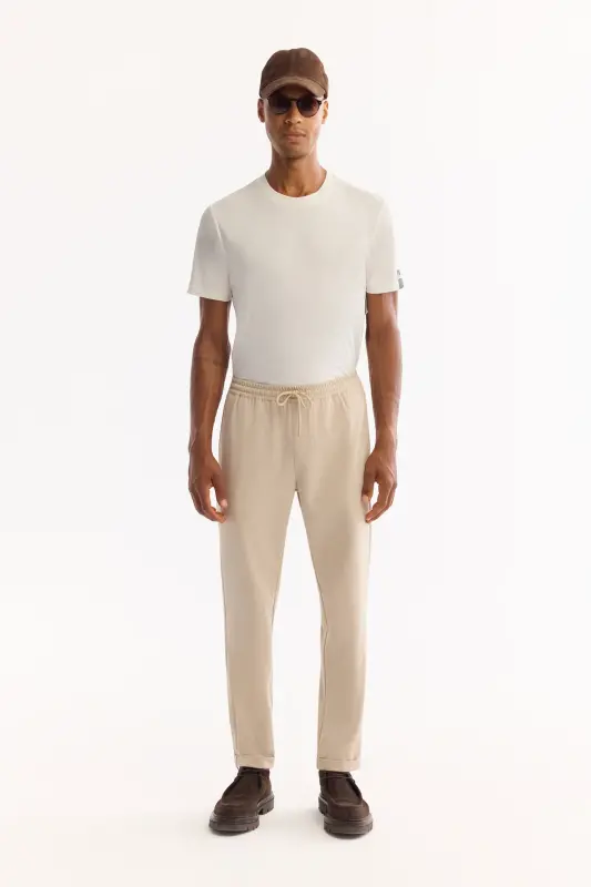Erkek Bej Beli Lastikli Bağcıklı Duble Paça Jogger Relaxed Fit Pantolon E003000 - Bej - AVVA