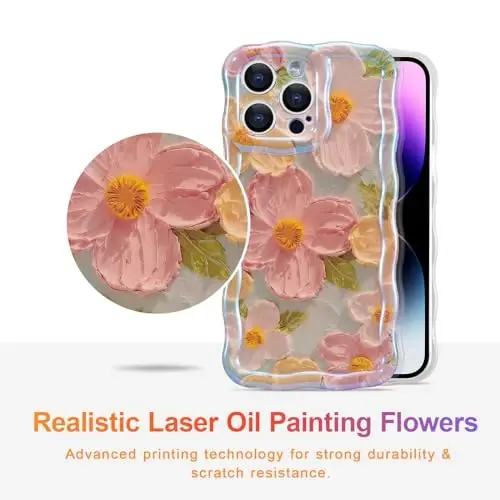 EYZUTAK Case for iPhone 14 Pro, Colorful Retro Oil Painting Flower, Green | Laser Glossy Floral Pattern, Cute Curly Wave Edge, Exquisite Phone Cover, Stylish Durable TPU Protective Case for Girl Women - 2
