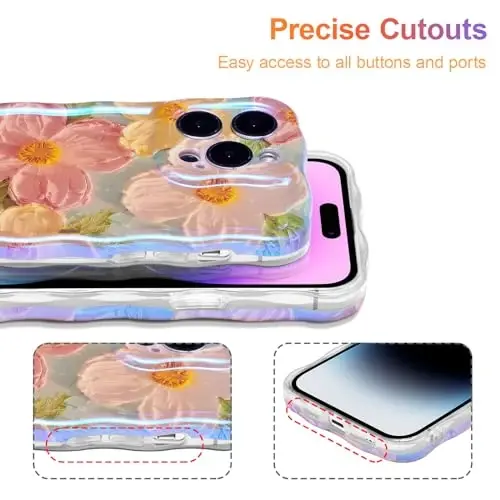 EYZUTAK Case for iPhone 14 Pro, Colorful Retro Oil Painting Flower, Green | Laser Glossy Floral Pattern, Cute Curly Wave Edge, Exquisite Phone Cover, Stylish Durable TPU Protective Case for Girl Women - 5
