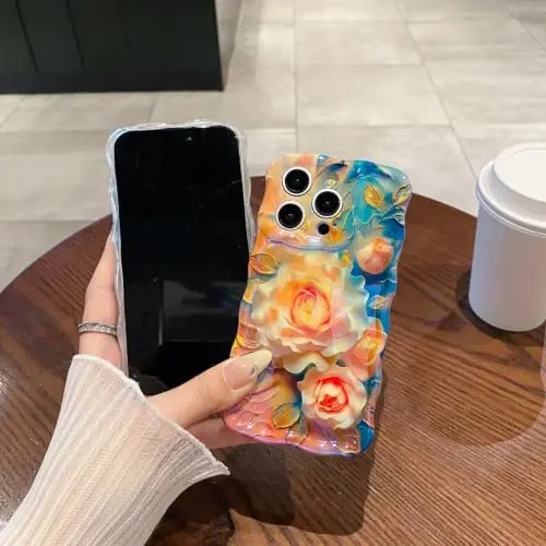 EYZUTAK Case for iPhone 16 Plus Colorful Oil Painting Flower Champagne Rose | Laser Glossy Floral Pattern, Cute Curly Wave Edge, Exquisite Phone Cover, Stylish Durable TPU Protective Case for Girl Women - 3