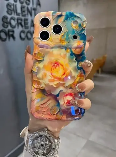 EYZUTAK Case for iPhone 16 Plus Colorful Oil Painting Flower Champagne Rose | Laser Glossy Floral Pattern, Cute Curly Wave Edge, Exquisite Phone Cover, Stylish Durable TPU Protective Case for Girl Women - 5