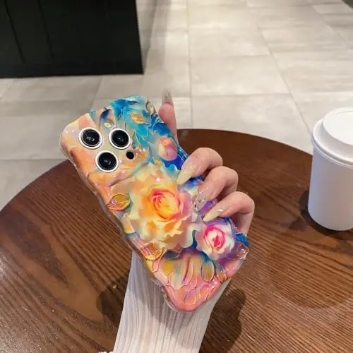 EYZUTAK Case for iPhone 16 Plus Colorful Oil Painting Flower Champagne Rose | Laser Glossy Floral Pattern, Cute Curly Wave Edge, Exquisite Phone Cover, Stylish Durable TPU Protective Case for Girl Women - 6