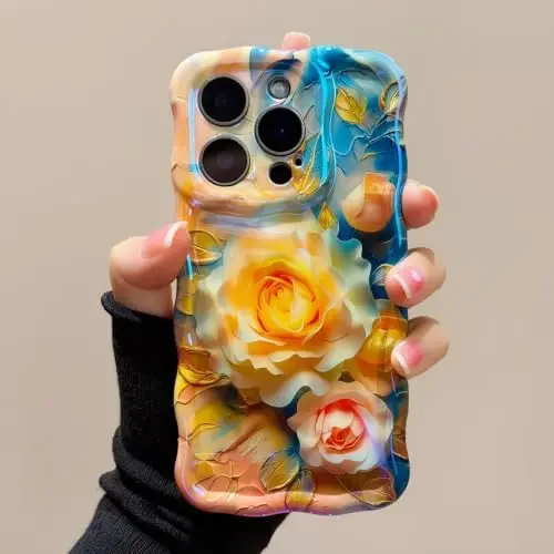 EYZUTAK Case for iPhone 16, Colorful Oil Painting Flower, Champagne Rose | Laser Glossy Floral Pattern, Cute Curly Wave Edge, Exquisite Phone Cover, Stylish Durable TPU Protective Case for Girl Women - 4