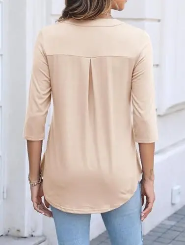 Halife Women's 3/4 Length Sleeve V Neck Zip Flowy Dressy Casual Tops Blouse - 3