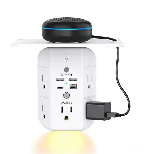 Mifaso PD20W Outlet Extender with Shelf & Night Light, Surge Protector | 5 AC Outlets, 2 USB-A, 2 USB-C, 3-Sided Wide-Space, Multi-Plug Outlet Splitter, Ideal for Home, College Dorm, RV, Travel 