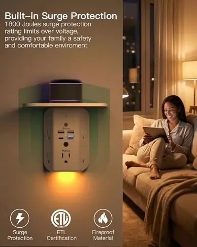 Mifaso PD20W Outlet Extender with Shelf & Night Light, Surge Protector | 5 AC Outlets, 2 USB-A, 2 USB-C, 3-Sided Wide-Space, Multi-Plug Outlet Splitter, Ideal for Home, College Dorm, RV, Travel - MIFASO (1)
