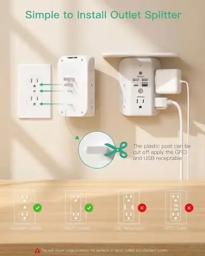 Mifaso PD20W Outlet Extender with Shelf & Night Light, Surge Protector | 5 AC Outlets, 2 USB-A, 2 USB-C, 3-Sided Wide-Space, Multi-Plug Outlet Splitter, Ideal for Home, College Dorm, RV, Travel - 4