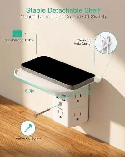 Mifaso PD20W Outlet Extender with Shelf & Night Light, Surge Protector | 5 AC Outlets, 2 USB-A, 2 USB-C, 3-Sided Wide-Space, Multi-Plug Outlet Splitter, Ideal for Home, College Dorm, RV, Travel - 5