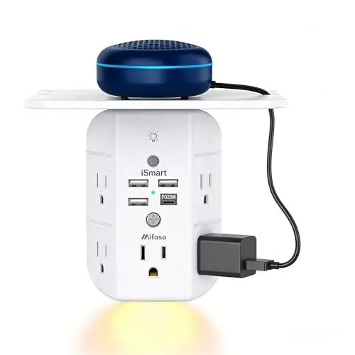Mifaso PD20W Outlet Extender with Shelf & Night Light, Surge Protector | 5 AC Outlets, 3 USB-A, 1 USB-C, 3-Sided Wide-Space, Multi-Plug Outlet Splitter, 1800J, Ideal for Office, Dorm, RV, Travel 