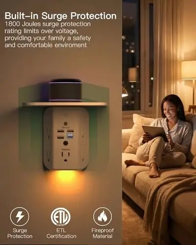 Mifaso PD20W Outlet Extender with Shelf & Night Light, Surge Protector | 5 AC Outlets, 3 USB-A, 1 USB-C, 3-Sided Wide-Space, Multi-Plug Outlet Splitter, 1800J, Ideal for Office, Dorm, RV, Travel - MIFASO (1)