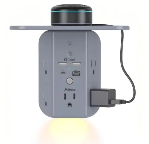 PD20W Wall Outlet Extender with Shelf & Night Light – 5 AC Outlets, 2 USB-A, 2 USB-C, 3-Sided Wide-Space Design, Surge Protector, Multi-Plug Outlet Splitter – Ideal for Home, College Dorm, RV, Gray 