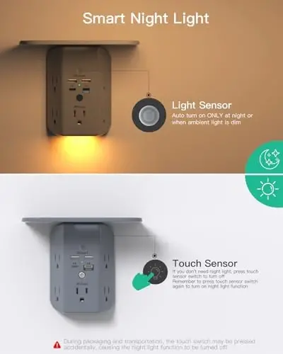 PD20W Wall Outlet Extender with Shelf & Night Light – 5 AC Outlets, 2 USB-A, 2 USB-C, 3-Sided Wide-Space Design, Surge Protector, Multi-Plug Outlet Splitter – Ideal for Home, College Dorm, RV, Gray - 4