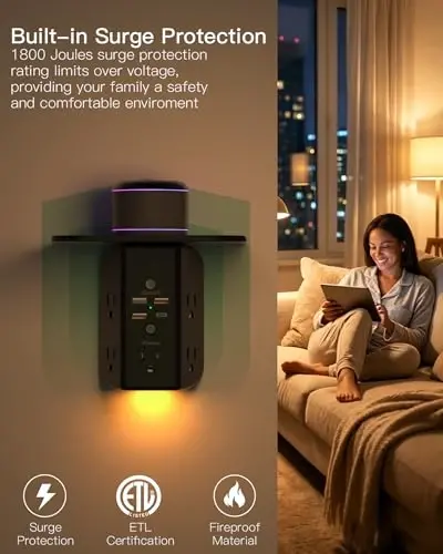 Mifaso Outlet Extender with Shelf and Night Light, 1800J Surge Protector | 5 Wide Outlet Splitter & 4 USB Ports Wall Charger, Multi Plug Wall Outlet, Plug Adapter for Home, Dorm, RV, Office, Black - 3