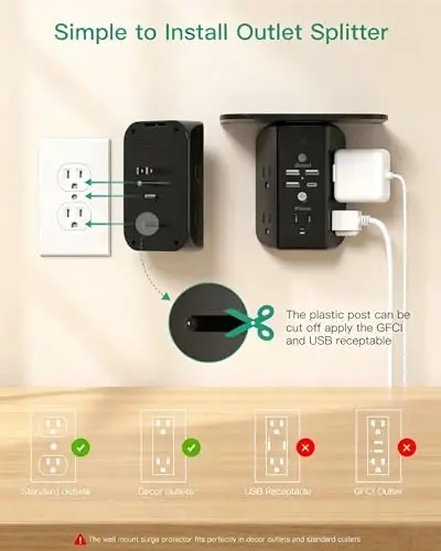 Mifaso Outlet Extender with Shelf and Night Light, 1800J Surge Protector | 5 Wide Outlet Splitter & 4 USB Ports Wall Charger, Multi Plug Wall Outlet, Plug Adapter for Home, Dorm, RV, Office, Black - 5