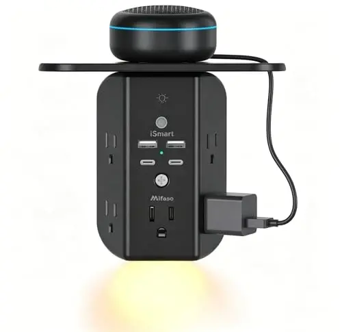 Wall Outlet Extender with Shelf and Night Light, Surge Protector, USB Wall Charger with 5 AC Outlets and 2 USB A Ports 2 USB C Ports Wide Space 3-Sided Power Strip Multi Plug Outlets, Black 