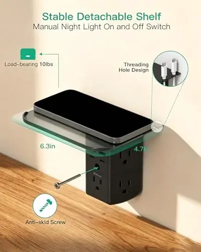 Wall Outlet Extender with Shelf and Night Light, Surge Protector, USB Wall Charger with 5 AC Outlets and 2 USB A Ports 2 USB C Ports Wide Space 3-Sided Power Strip Multi Plug Outlets, Black - 4