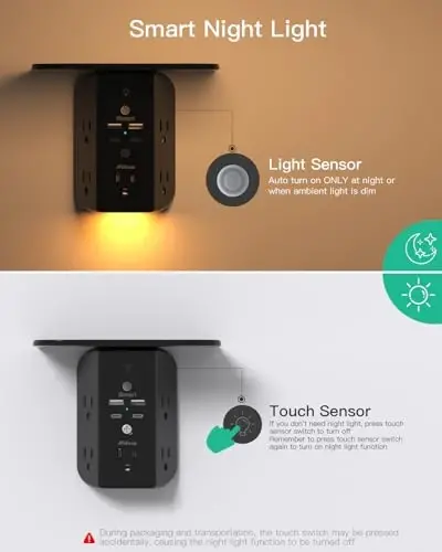 Wall Outlet Extender with Shelf and Night Light, Surge Protector, USB Wall Charger with 5 AC Outlets and 2 USB A Ports 2 USB C Ports Wide Space 3-Sided Power Strip Multi Plug Outlets, Black - 6