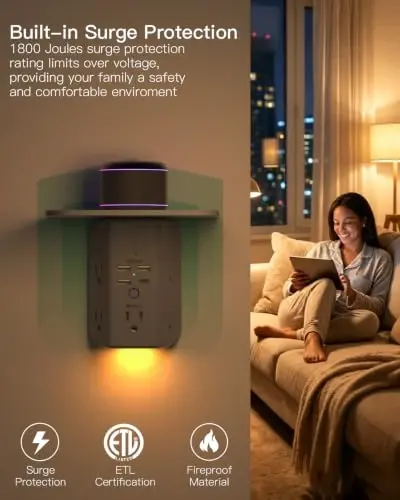 Wall Outlet Extender with Shelf and Night Light, Surge Protector, USB Wall Charger with 5 AC Outlets and 3 USB A Ports 1 USB C Port Wide Space 3-Sided Power Strip Multi Plug Outlets, Gray - 3