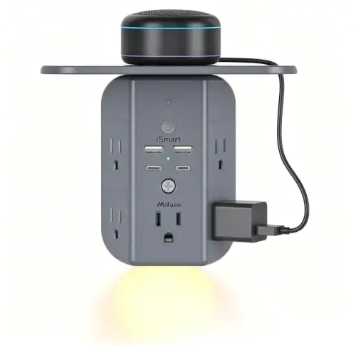 Wall Outlet Extender with Shelf and Night Light, Surge Protector, USB Wall Charger with 5 AC Outlets and 2 USB A Ports 2 USB C Ports Wide Space 3-Sided Power Strip Multi Plug Outlets, Gray - 1