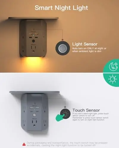 Wall Outlet Extender with Shelf and Night Light, Surge Protector, USB Wall Charger with 5 AC Outlets and 2 USB A Ports 2 USB C Ports Wide Space 3-Sided Power Strip Multi Plug Outlets, Gray - 4