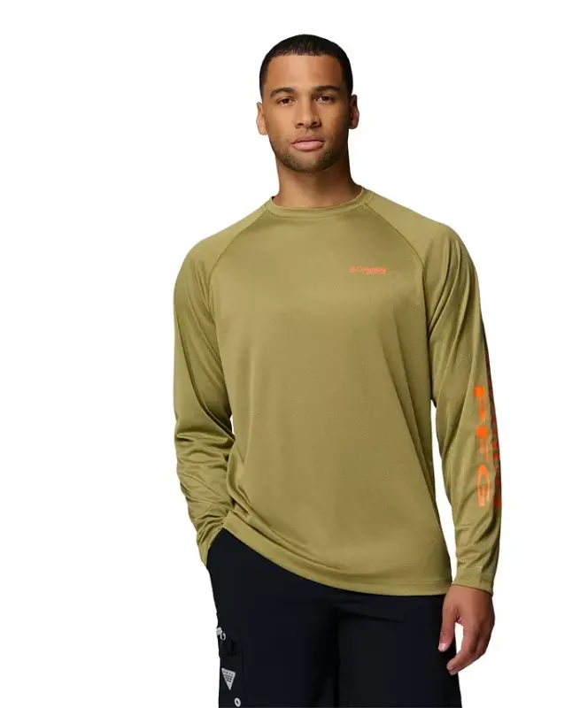 Men's Terminal Tackle Long-Sleeve T-Shirt - Grove Green Heather/Spark Orange Logo - COLUMBIA