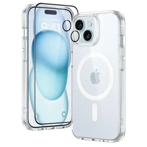 ESR for iPhone 15 Plus Case Set, 1 Tempered-Glass Screen Protector, 1 Set of Lens Protectors, Military-Grade Protection, Yellowing and Scratch Resistant MagSafe Phone Case, Classic Series, Clear - 1