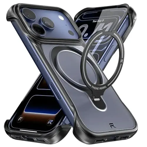 REBEL Translucent Clear Case for iPhone 17 Pro 6.3” [Frosted Flex Series] Exposed Sides for Comfort, Strong MagSafe Compatible, Built-In Metal Kickstand, Protective Upgraded Frameless Cover 2025 Phone 