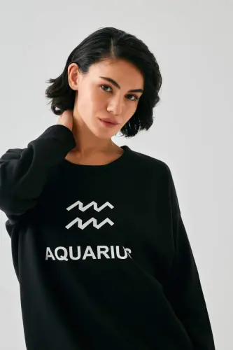 Akbeniz Kadın Siyah Kova Burcu Oversize 2 İplik Eşofman Ev Giyim Takımı - 5