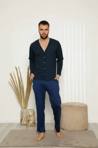 Akbeniz Erkek %100 Pamuk Önden Düğmeli Cepli Uzun Kollu Pijama Takımı 6768 - BÜYÜKBEDENIZ (1)