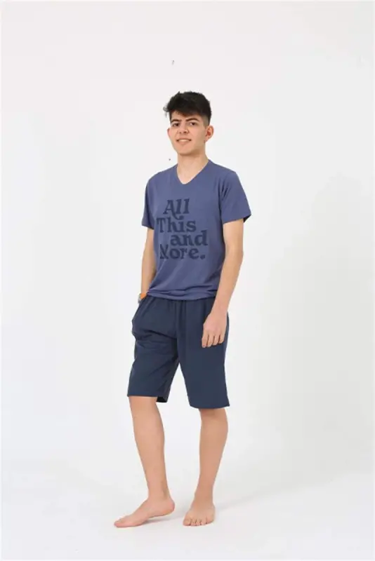 Akbeniz Erkek Genç Garson Boy Kısa Kol Lacivert Penye Şortlu Pijama Takımı 20377 - 3